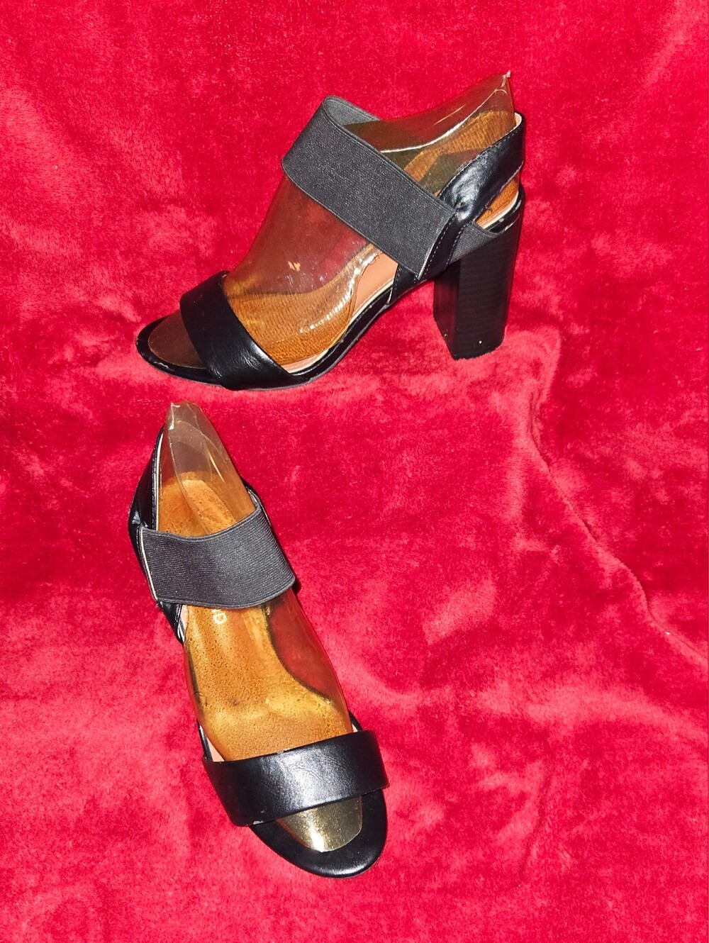 Shoeland Black Block Heel Sandals with Elastic Ankle Strap - Size 6